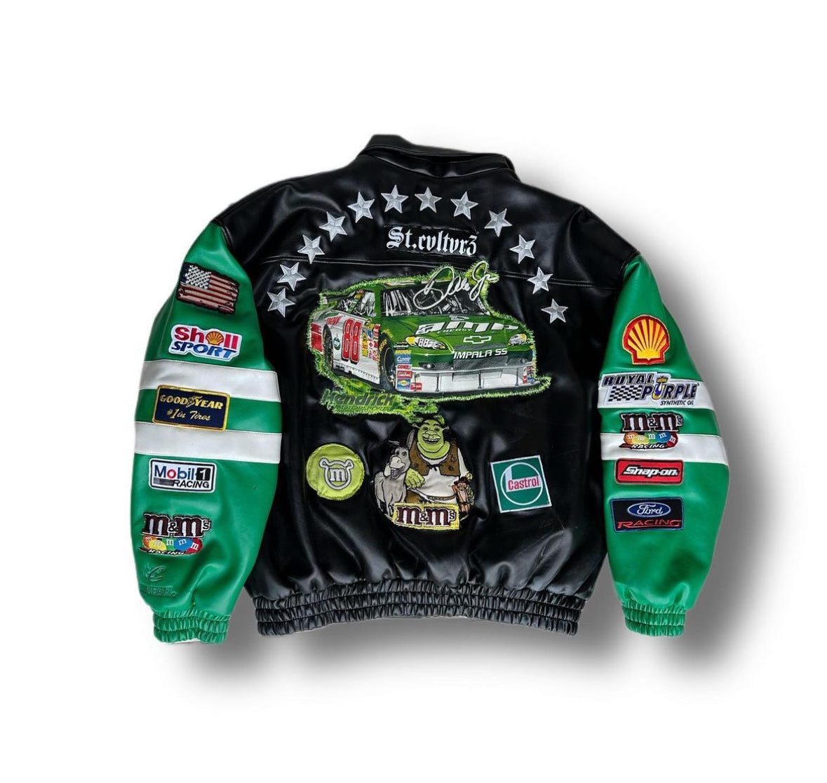 CHAQUETA DE CUERO VINTAGE DE NASCAR “LA VIDA ES UNA CARRERA”