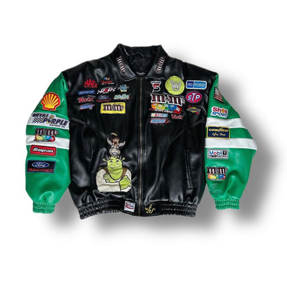 CHAQUETA DE CUERO VINTAGE DE NASCAR “LA VIDA ES UNA CARRERA”