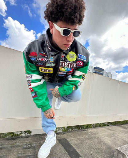 CHAQUETA DE CUERO VINTAGE DE NASCAR “LA VIDA ES UNA CARRERA”